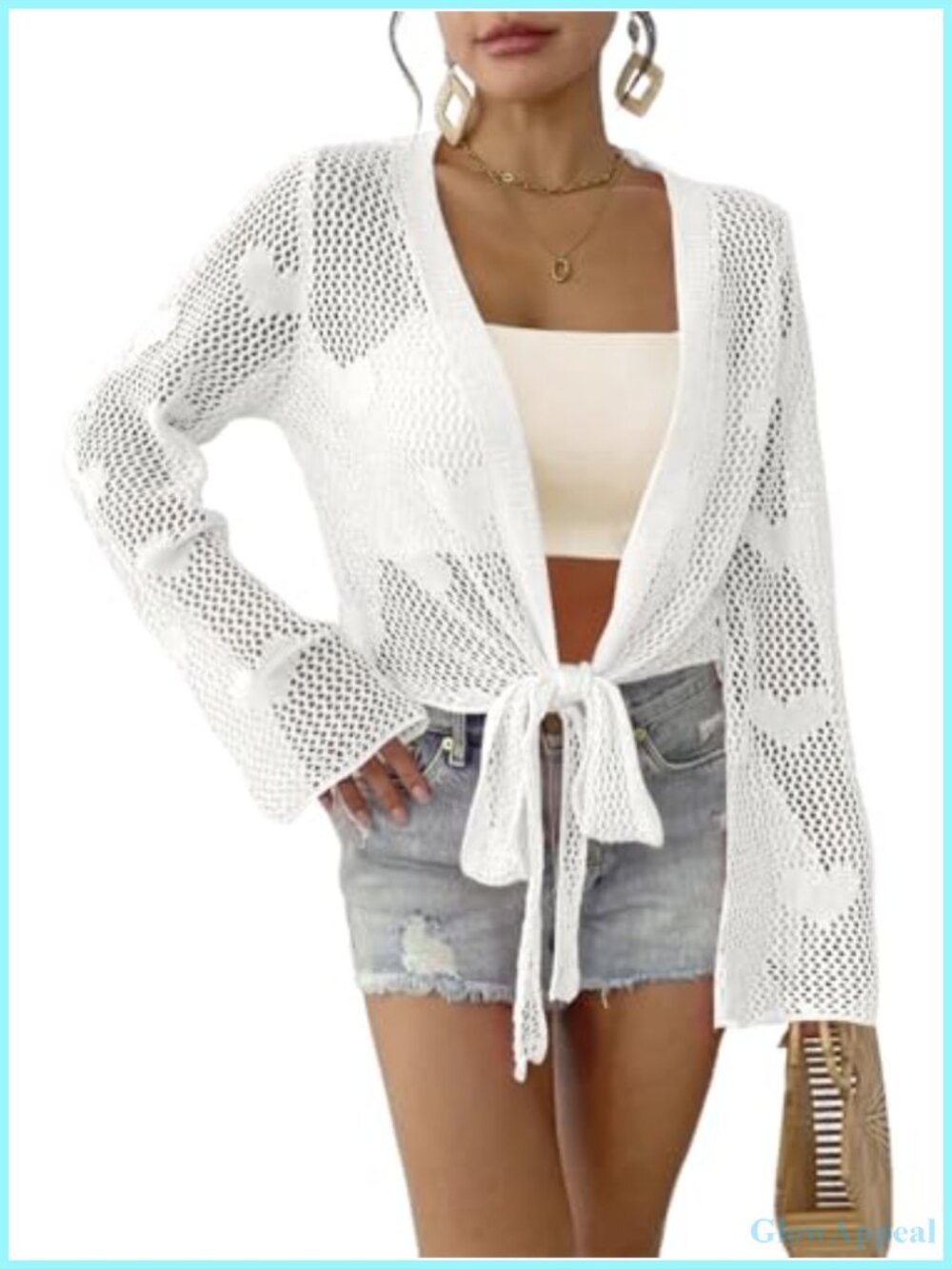 Womens Tie Front Heart Crochet Cardigan Lightweight Knit Crop Top Cover Up